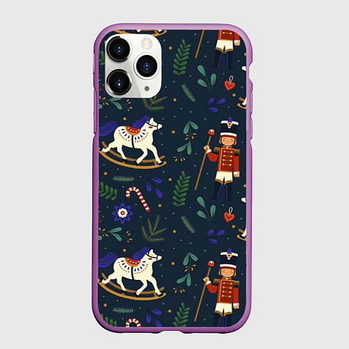 Чехол iPhone 11 Pro матовый Щелкунчик паттерн с лошадкой / 3D-Фиолетовый – фото 1