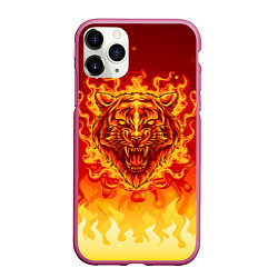 Чехол iPhone 11 Pro матовый Огненный тигр в пламени, цвет: 3D-малиновый