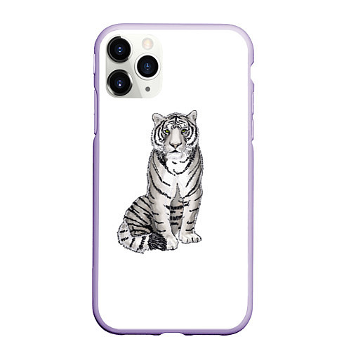 Чехол iPhone 11 Pro матовый Сидящая белая тигрица / 3D-Светло-сиреневый – фото 1