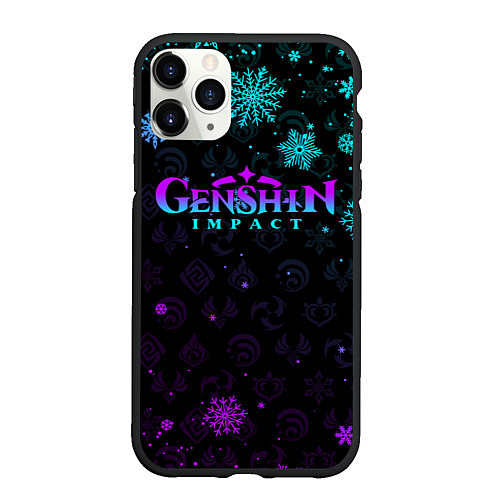 Чехол iPhone 11 Pro матовый НОВОГОДНИЙ НЕОНОВЫЙ GENSHIN IMPACT / 3D-Черный – фото 1