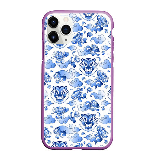 Чехол iPhone 11 Pro матовый Гжель Тигр и узоры / 3D-Фиолетовый – фото 1