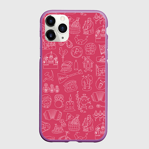 Чехол iPhone 11 Pro матовый Паттерн русских иконок / 3D-Фиолетовый – фото 1