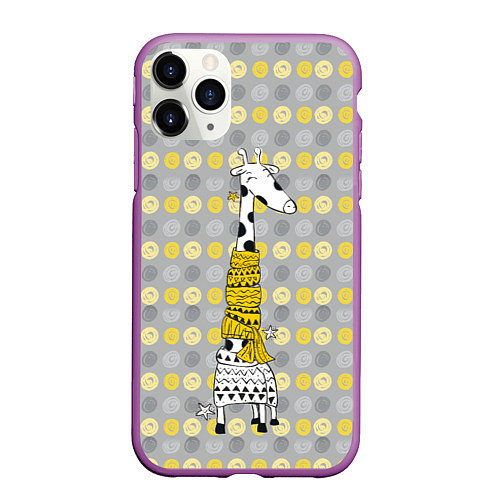 Чехол iPhone 11 Pro матовый Милая жирафа в шарфе / 3D-Фиолетовый – фото 1