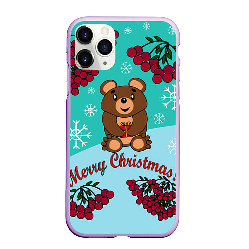Чехол iPhone 11 Pro матовый Мишка и рождество / 3D-Сиреневый – фото 1