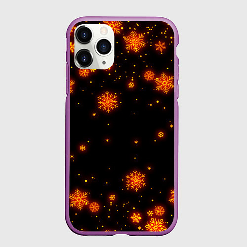 Чехол iPhone 11 Pro матовый ОГНЕННЫЕ НОВОГОДНИЕ СНЕЖИНКИ НЕОН / 3D-Фиолетовый – фото 1