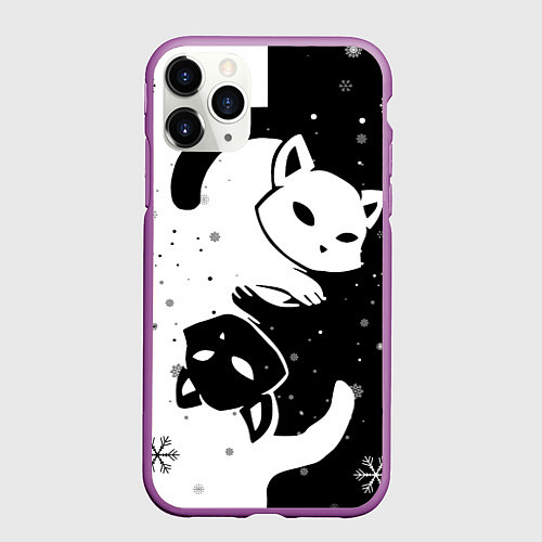 Чехол iPhone 11 Pro матовый Новогодние два кота кувыркаются / 3D-Фиолетовый – фото 1