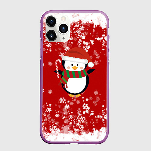 Чехол iPhone 11 Pro матовый Пингвин в новогодней шапочке / 3D-Фиолетовый – фото 1