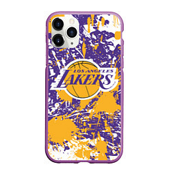 Чехол iPhone 11 Pro матовый LAKERS ФИРМЕННЫЕ ЦВЕТА БРЫЗГИ КРАСОК LA, цвет: 3D-фиолетовый