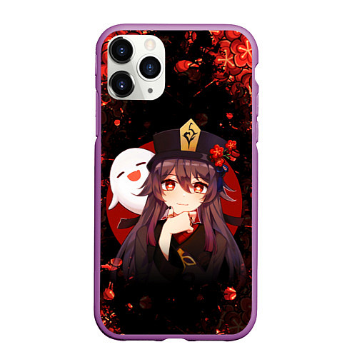 Чехол iPhone 11 Pro матовый GENSHIN IMPACT HU TAO ГЕНШИН ИМПАКТ ХУ ТАО FLOWERS / 3D-Фиолетовый – фото 1