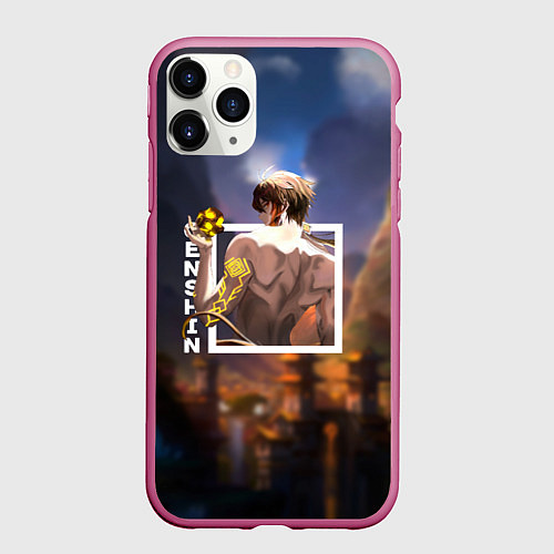 Чехол iPhone 11 Pro матовый Чжун Ли Zhongli, Genshin Impact / 3D-Малиновый – фото 1