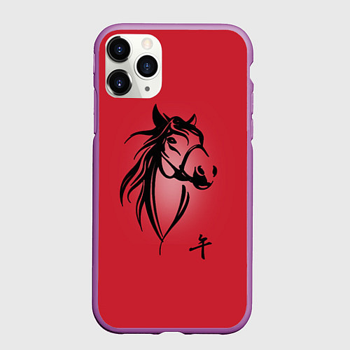 Чехол iPhone 11 Pro матовый Огненная лошадь с иероглифом / 3D-Фиолетовый – фото 1