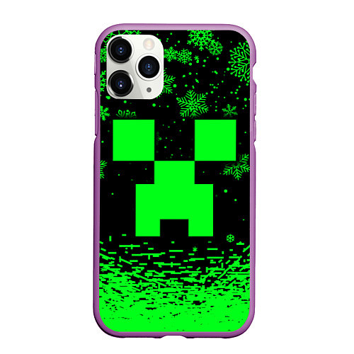 Чехол iPhone 11 Pro матовый НОВОГОДНИЙ КРИПЕР МАЙНКРАФТ ЗЕЛЁНЫЙ / 3D-Фиолетовый – фото 1