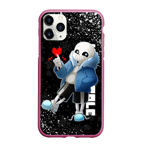 Чехол iPhone 11 Pro матовый НОВОГОДНИЙ САНС UNDERTALE НОВЫЙ ГОД / 3D-Малиновый – фото 1