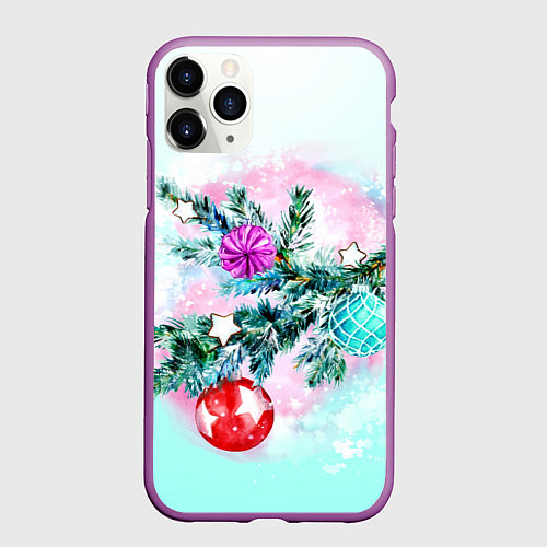 Чехол iPhone 11 Pro матовый Новогодние украшения Елочка / 3D-Фиолетовый – фото 1