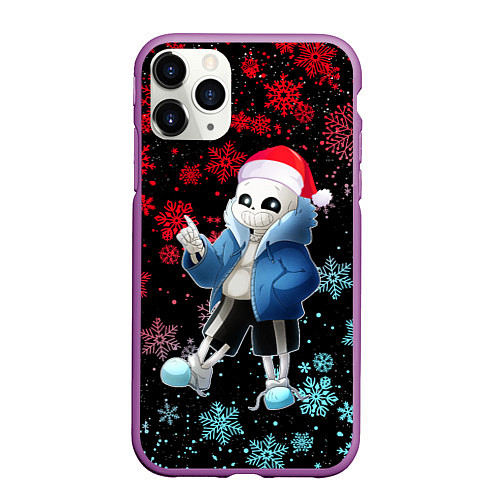 Чехол iPhone 11 Pro матовый UNDERTALE SANS НОВОГОДНИЙ НЕОН СНЕЖИНКИ / 3D-Фиолетовый – фото 1