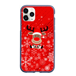 Чехол iPhone 11 Pro матовый Снежинки летящие и Олень с подарком, цвет: 3D-серый
