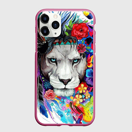 Чехол iPhone 11 Pro матовый Лев - сильный взгляд / 3D-Малиновый – фото 1