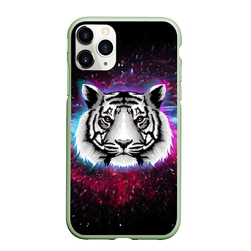 Чехол iPhone 11 Pro матовый ТИГР В НЕОНОВОМ КОСМОСЕ NEON TIGER GALAXY / 3D-Салатовый – фото 1