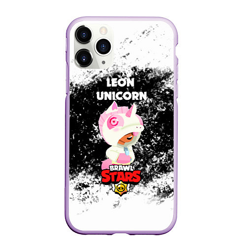 Чехол iPhone 11 Pro матовый BRAWL STARS LEON UNICORN РОЗОВЫЙ / 3D-Сиреневый – фото 1