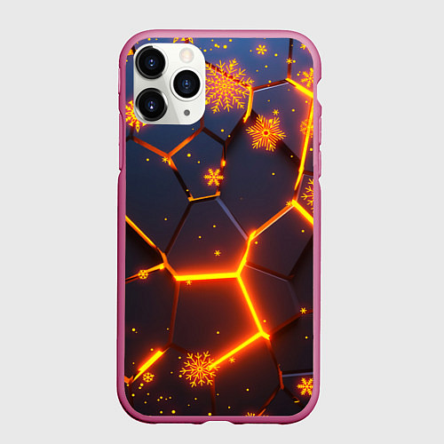 Чехол iPhone 11 Pro матовый НОВОГОДНИЕ ОГНЕННЫЕ 3D ПЛИТЫ FIRE NEON HEXAGON / 3D-Малиновый – фото 1