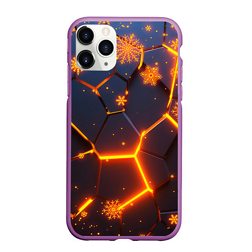 Чехол iPhone 11 Pro матовый НОВОГОДНИЕ ОГНЕННЫЕ 3D ПЛИТЫ FIRE NEON HEXAGON / 3D-Фиолетовый – фото 1