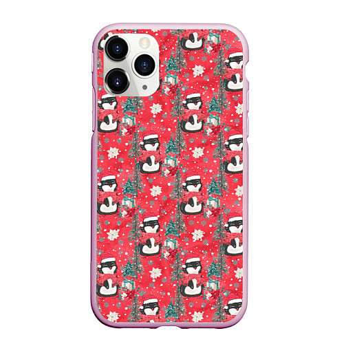 Чехол iPhone 11 Pro матовый Пингвины красный паттерн / 3D-Розовый – фото 1