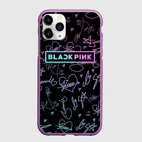 Чехол iPhone 11 Pro матовый NEON BLACKPINK АВТОГРАФЫ / 3D-Фиолетовый – фото 1