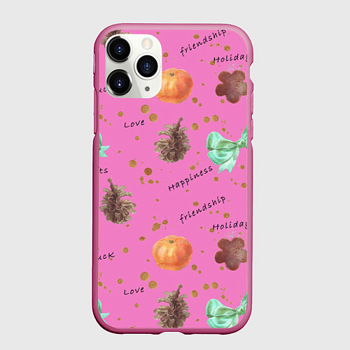 Чехол iPhone 11 Pro матовый Розовый принт к любому зимнему празднику, с позити / 3D-Малиновый – фото 1