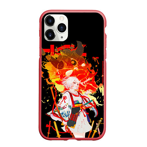 Чехол iPhone 11 Pro матовый Девушка Самурай в белом кимоно / 3D-Красный – фото 1