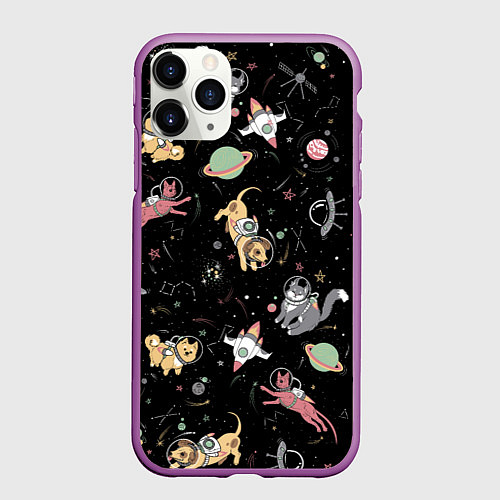 Чехол iPhone 11 Pro матовый Космические коты / 3D-Фиолетовый – фото 1