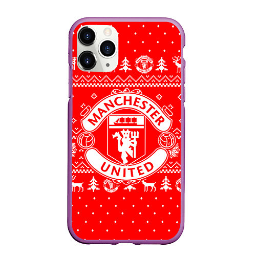 Чехол iPhone 11 Pro матовый FC Manchester United: Новогодний узор / 3D-Фиолетовый – фото 1