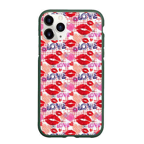 Чехол iPhone 11 Pro матовый LOVE поцелуи / 3D-Темно-зеленый – фото 1