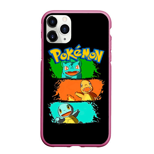 Чехол iPhone 11 Pro матовый Стартовые покемоны - Pokemon / 3D-Малиновый – фото 1