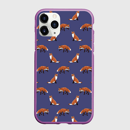 Чехол iPhone 11 Pro матовый Акварельные лисы паттерн / 3D-Фиолетовый – фото 1