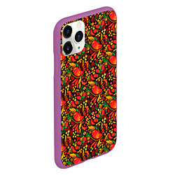 Чехол iPhone 11 Pro матовый Желтые и красные цветы, птицы и ягоды хохлома, цвет: 3D-фиолетовый — фото 2