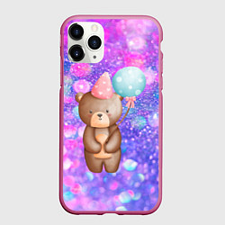 Чехол iPhone 11 Pro матовый День Рождения - Медвежонок с шариками, цвет: 3D-малиновый