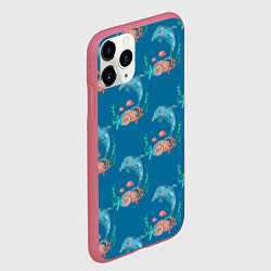 Чехол iPhone 11 Pro матовый Дельфины Море паттерн, цвет: 3D-малиновый — фото 2