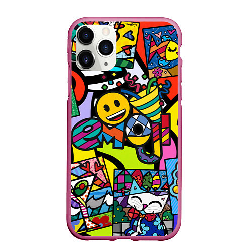 Чехол iPhone 11 Pro матовый Romero Britto - emoji / 3D-Малиновый – фото 1