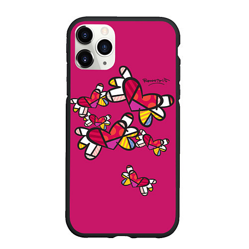 Чехол iPhone 11 Pro матовый Romero Britto - flying hearts / 3D-Черный – фото 1