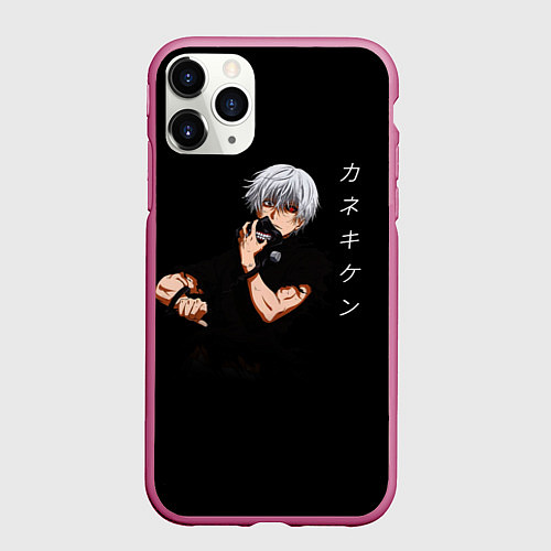 Чехол iPhone 11 Pro матовый Токийский Гуль снимает маску Иероглифы / 3D-Малиновый – фото 1
