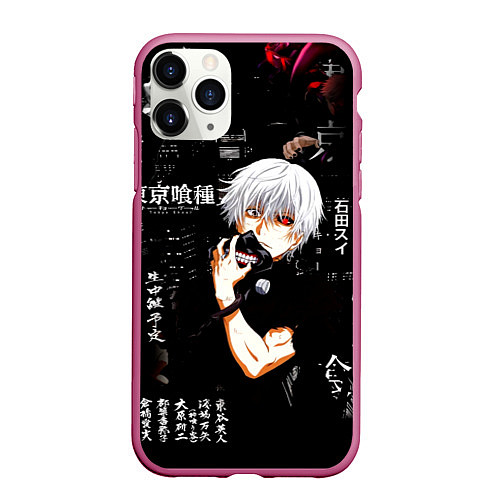 Чехол iPhone 11 Pro матовый Токийский Гуль на фоне Иероглифов Tokyo Ghoul / 3D-Малиновый – фото 1