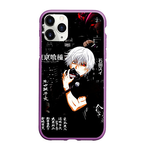 Чехол iPhone 11 Pro матовый Токийский Гуль на фоне Иероглифов Tokyo Ghoul / 3D-Фиолетовый – фото 1