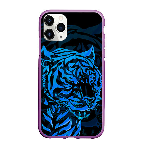 Чехол iPhone 11 Pro матовый Голубой тигр Blue / 3D-Фиолетовый – фото 1