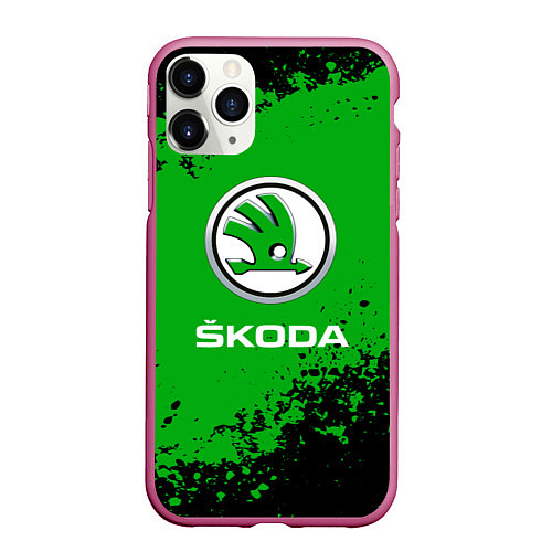 Чехол iPhone 11 Pro матовый Skoda следы от шин / 3D-Малиновый – фото 1