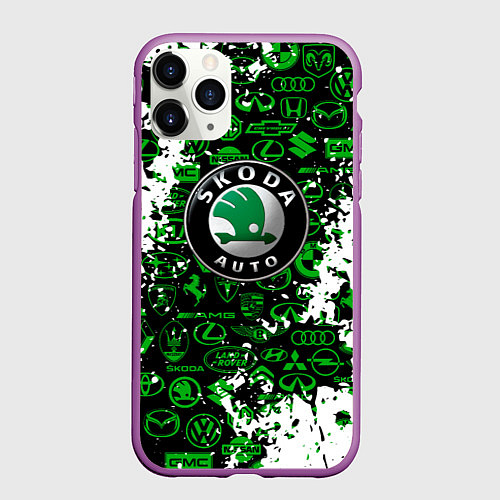 Чехол iPhone 11 Pro матовый Skoda брызги красок / 3D-Фиолетовый – фото 1