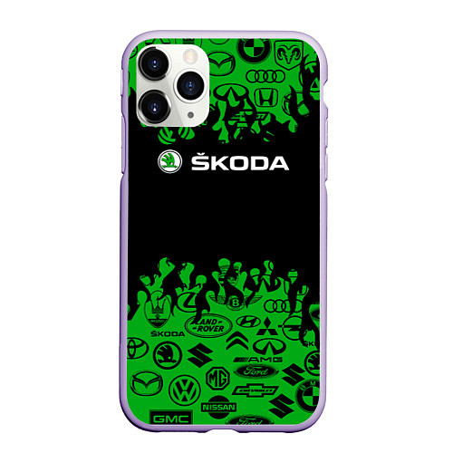 Чехол iPhone 11 Pro матовый Skoda паттерн логотипов авто / 3D-Светло-сиреневый – фото 1