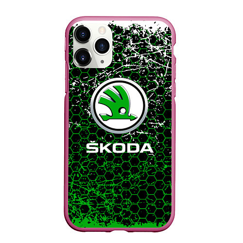 Чехол iPhone 11 Pro матовый Skoda: Соты / 3D-Малиновый – фото 1