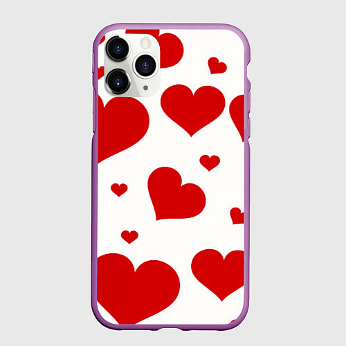 Чехол iPhone 11 Pro матовый Красные сердечки Heart / 3D-Фиолетовый – фото 1