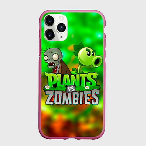Чехол iPhone 11 Pro матовый Plants vs Zombies горохострел и зомби / 3D-Малиновый – фото 1