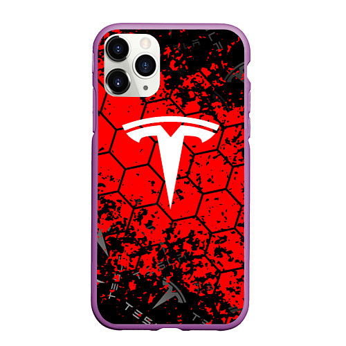 Чехол iPhone 11 Pro матовый Tesla Logo соты / 3D-Фиолетовый – фото 1